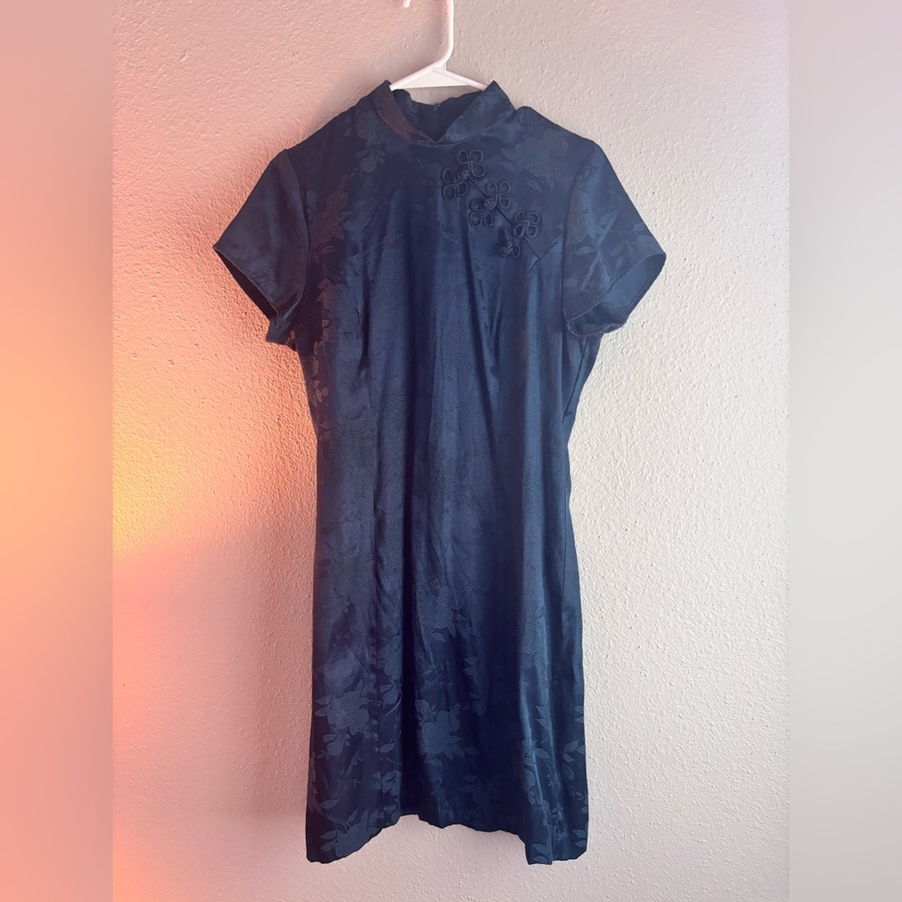 Vintage Silk Navy Blue Cheongsam Dress